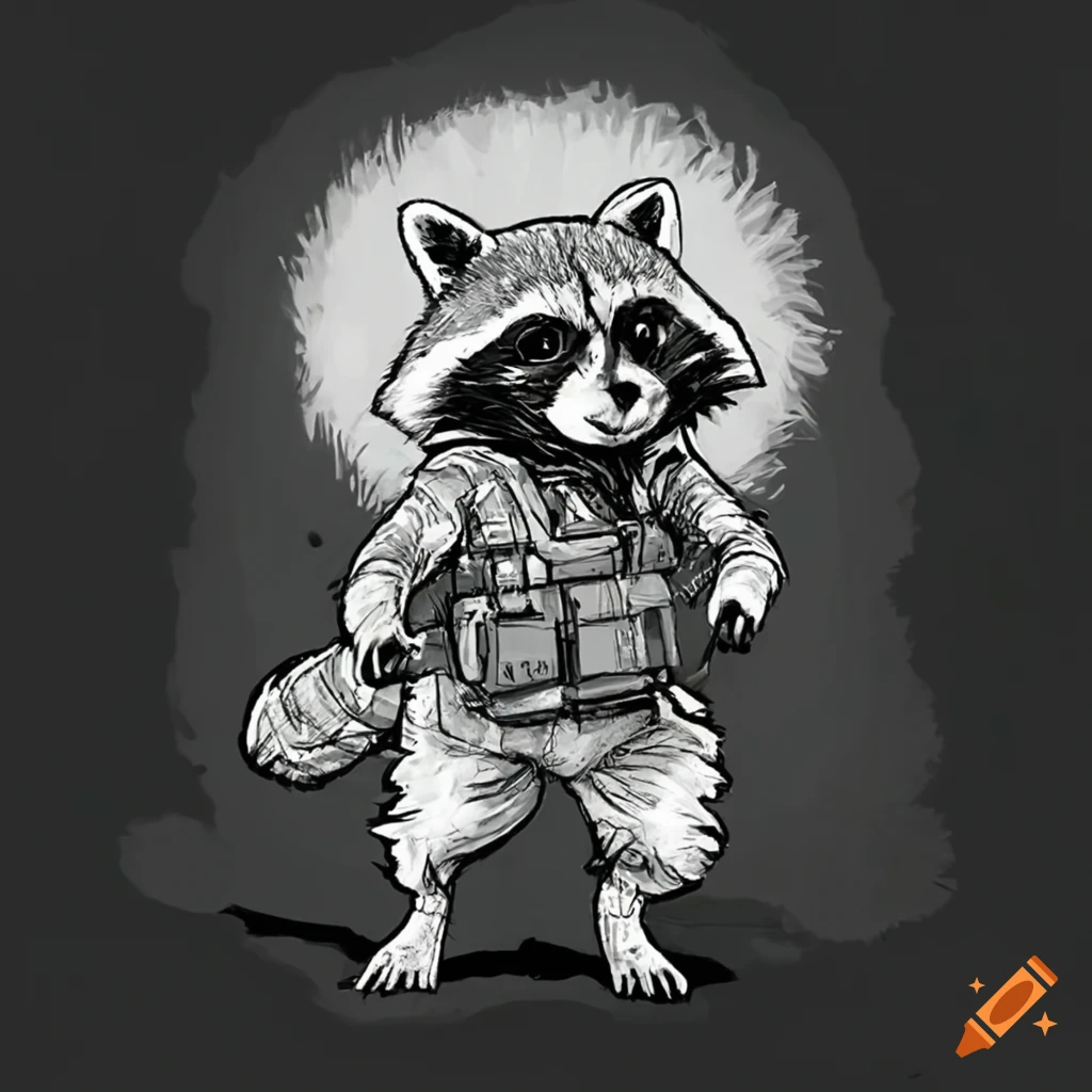 Brave raccoon in military gear ready for urban adventure