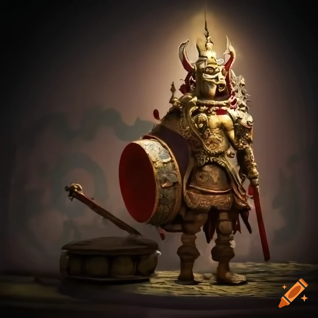 Ancient stone holy warrior with warhammer guarding Buddhist shrine