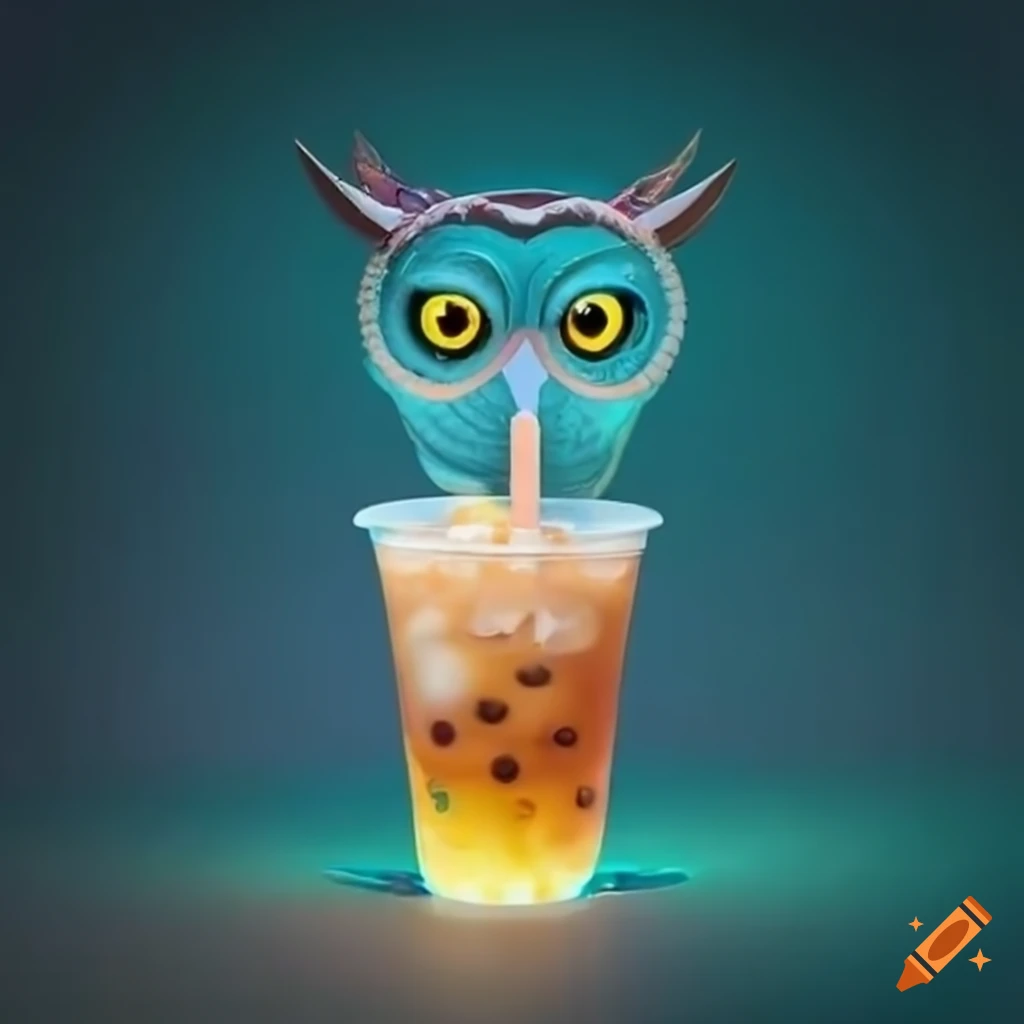 Owl sipping bubble tea in a science-themed setup