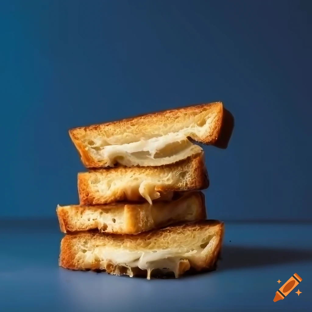 Sliced grilled cheese stacked on top of each other on navy blue background