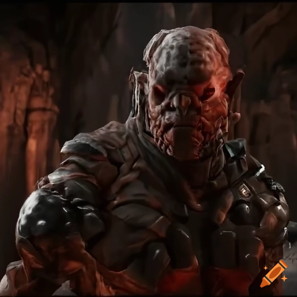 Sci-fi cybernetic muscle golem with red hair and glowing crystals