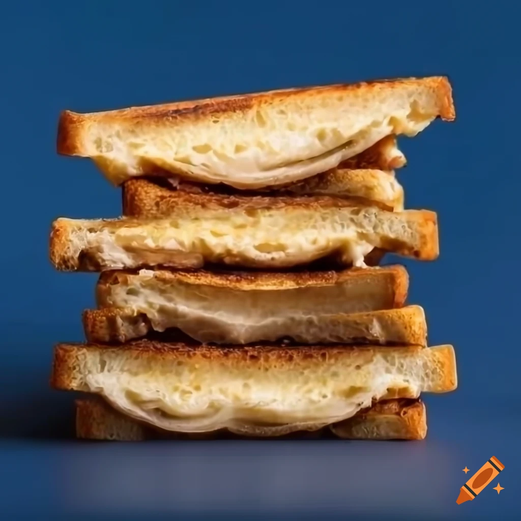 Sliced grilled cheese stacked on top of each other on navy blue background
