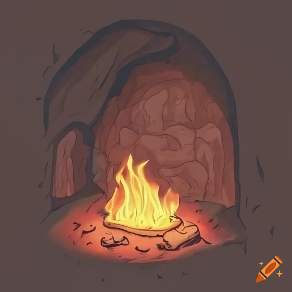 Medieval drawing of a campfire in a cave