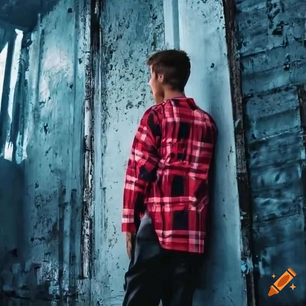 Young man in red plaid shirt and black leather trousers looking through a derelict building door