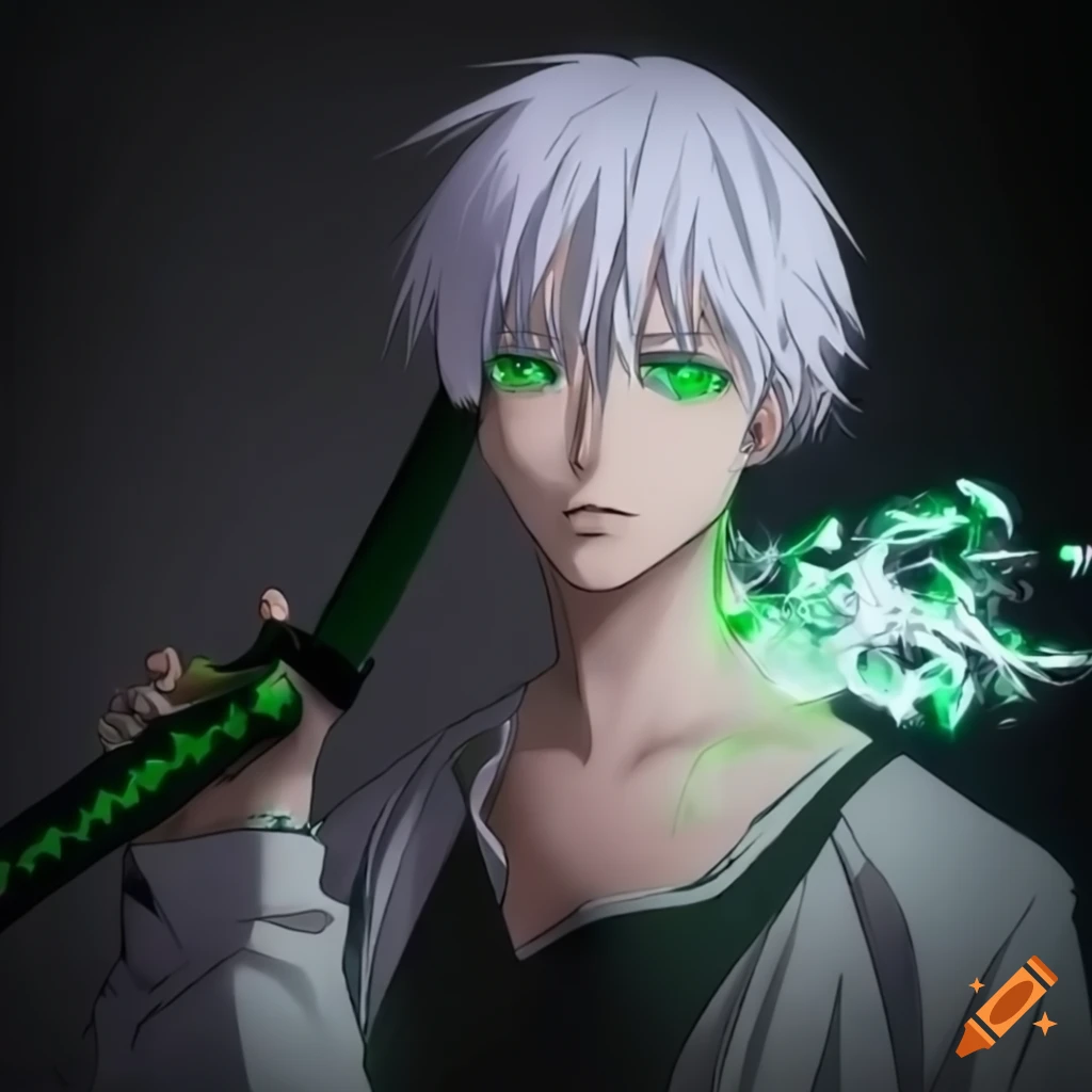 Anime character with white hair and green eyes holding a green katana
