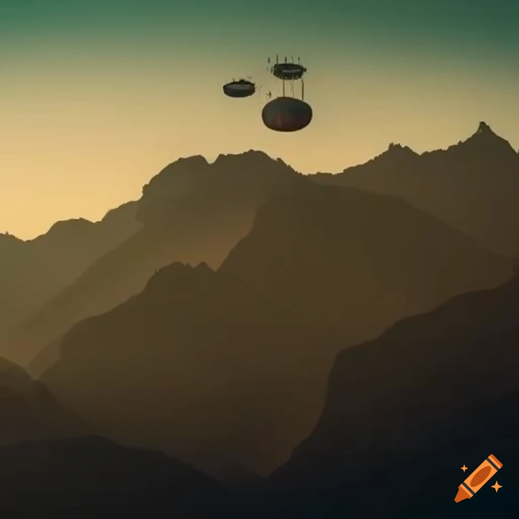 Minimalist small steampunk airship with mountains in the background
