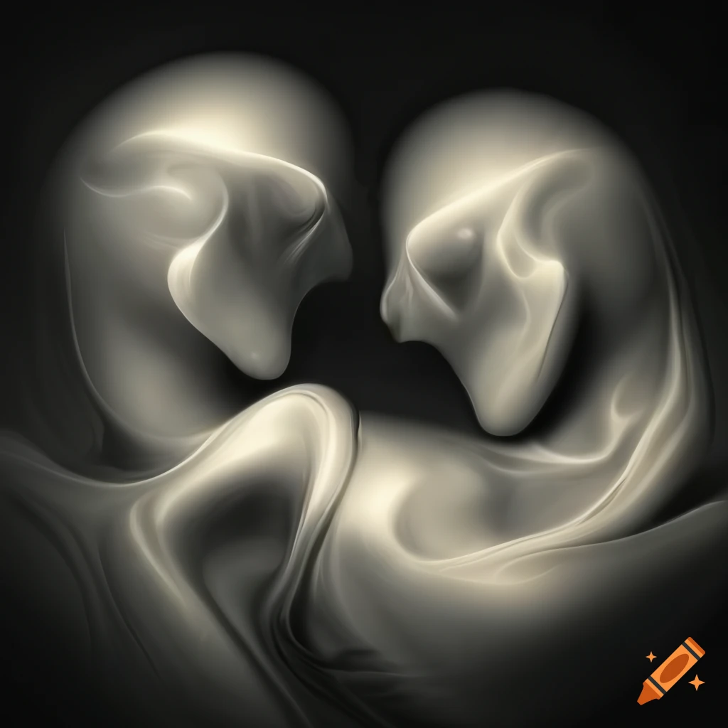 Abstract image of two marble creatures embracing in sunlit shadows