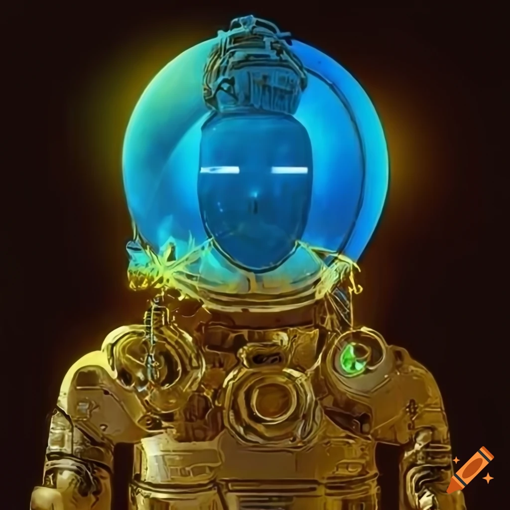 Golden 70s sci-fi machine glowing blue