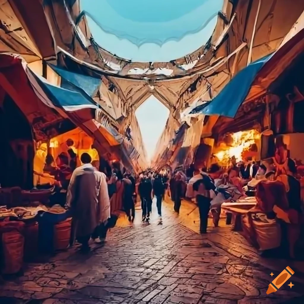 High-level view of a modern Middle Eastern marketplace with crowds