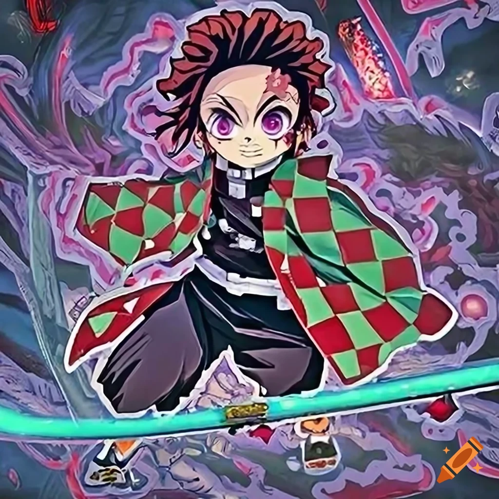Dynamic battle scene between Tanjiro and a fearsome demon in Demon Slayer sticker