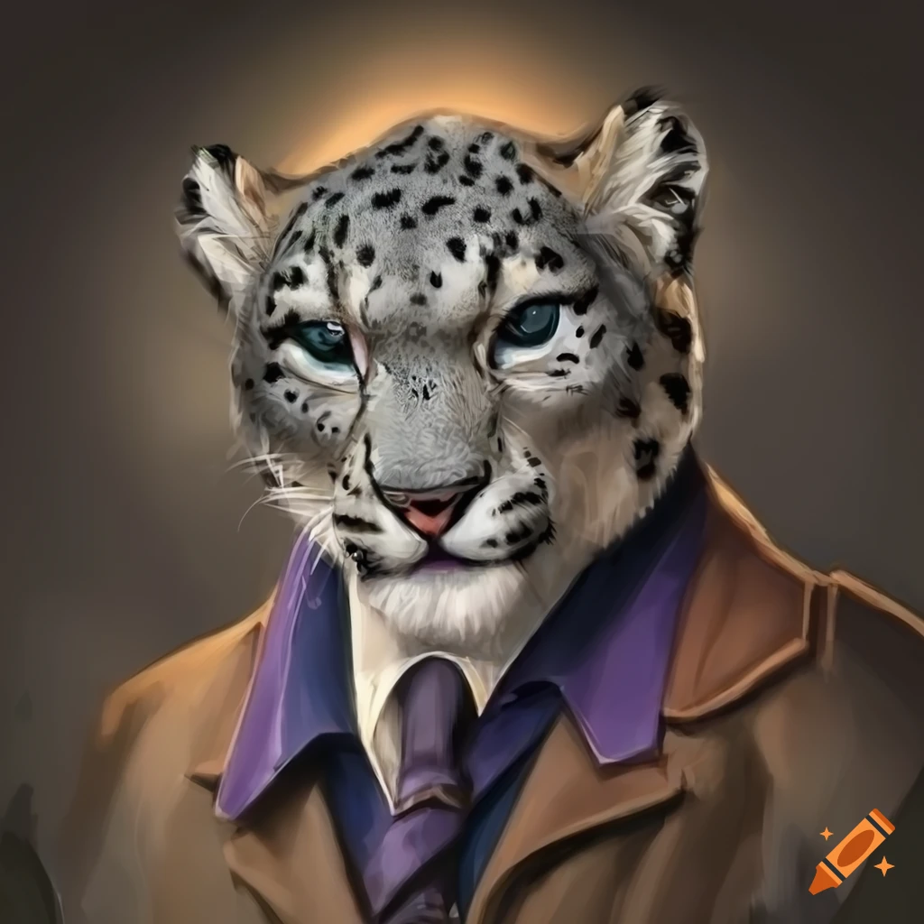 Tall snow leopard in detective coat smoking a pipe in D&D fantasy style