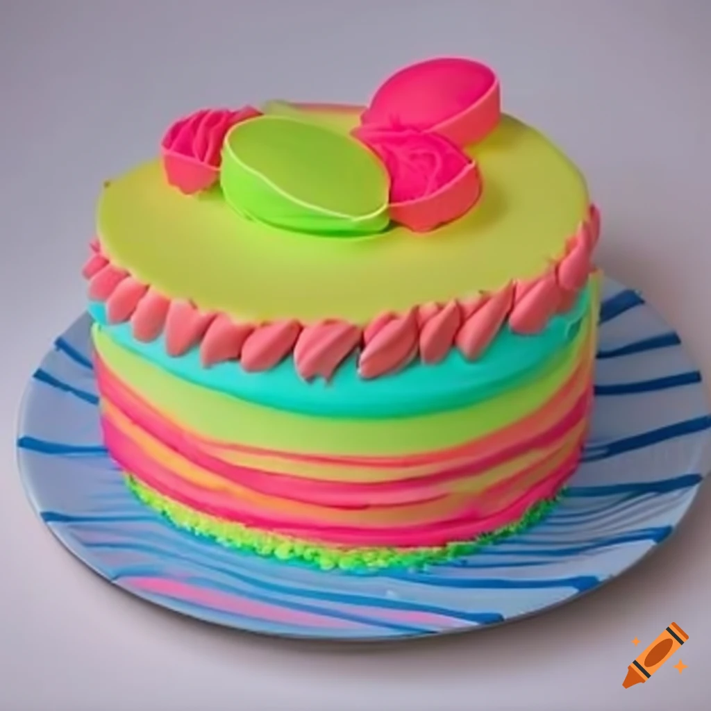 Neon colored striped cake on white background
