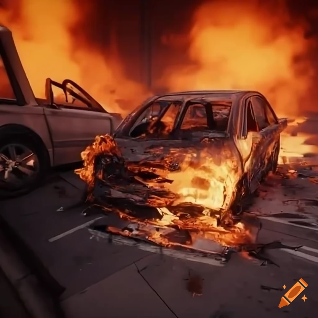 Burnt out crashed cars on fire in an intense scene
