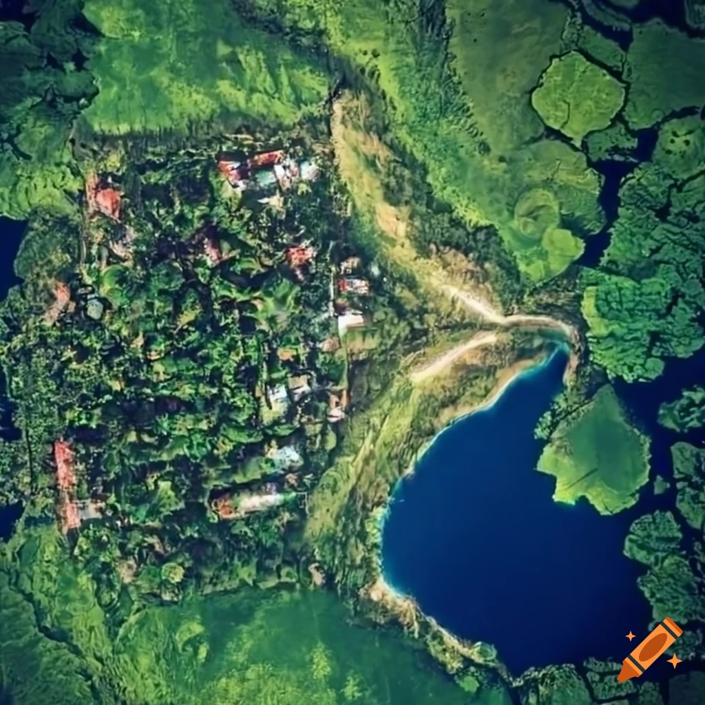 Satellite view of village in a rainforest