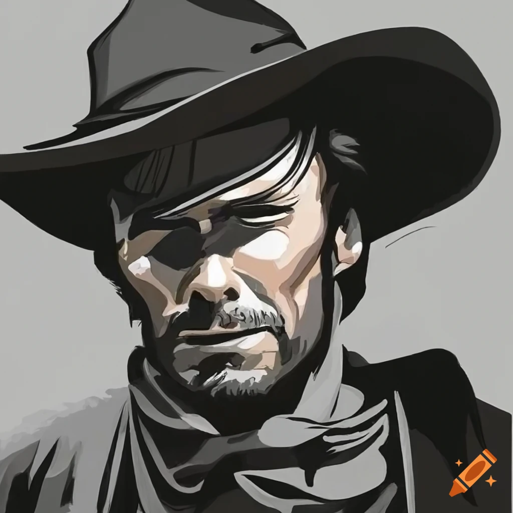 Caricature of Clint Eastwood as a stern cowboy with exaggerated features