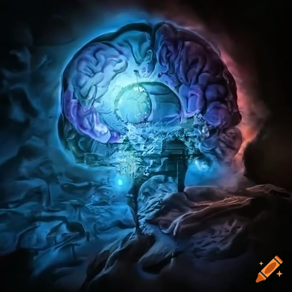 Brain in a cave with computer-like circuits in a cave painting style