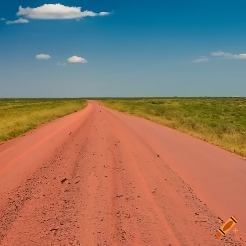 Red laterite road under a blue sky from driver's perspective