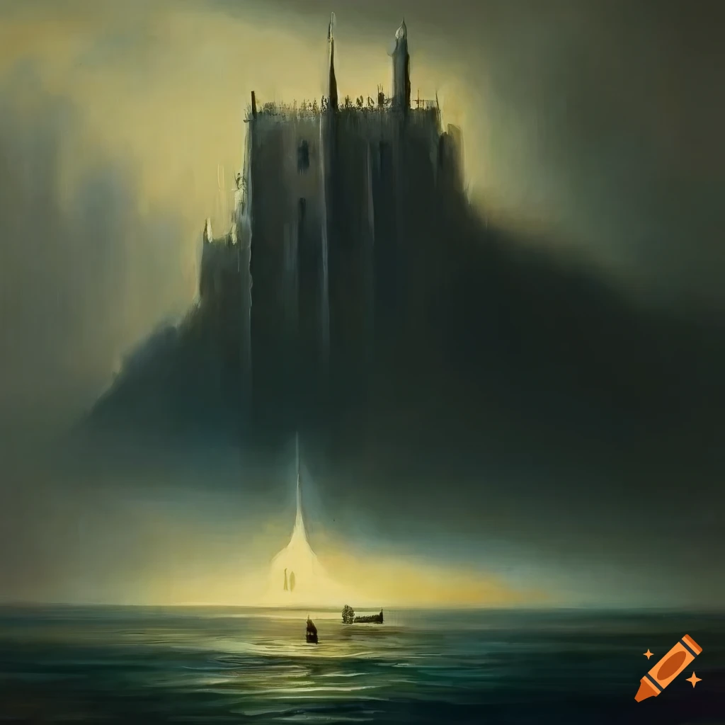 Dark painting of a large tower on a remote island in the sea