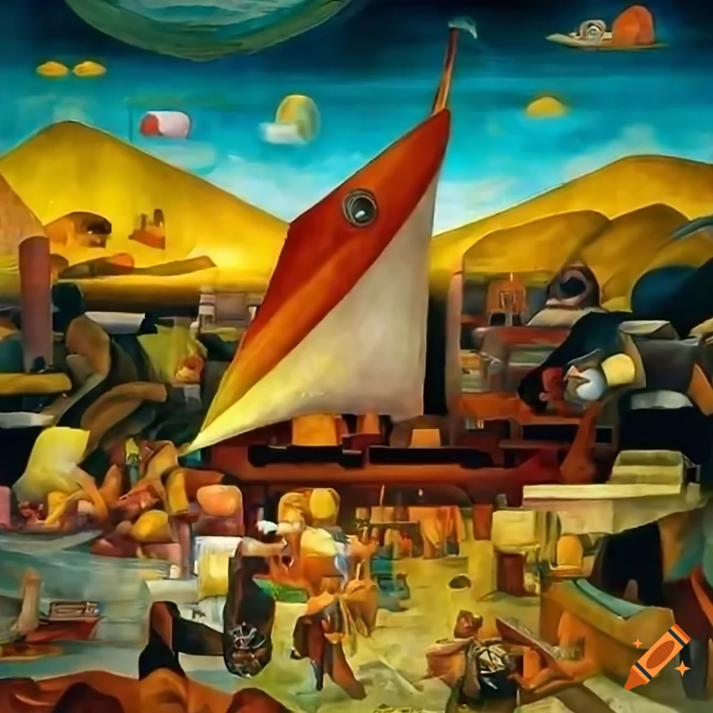 Diego Rivera futuristic painting of "The Time Machine" with bold lines ...