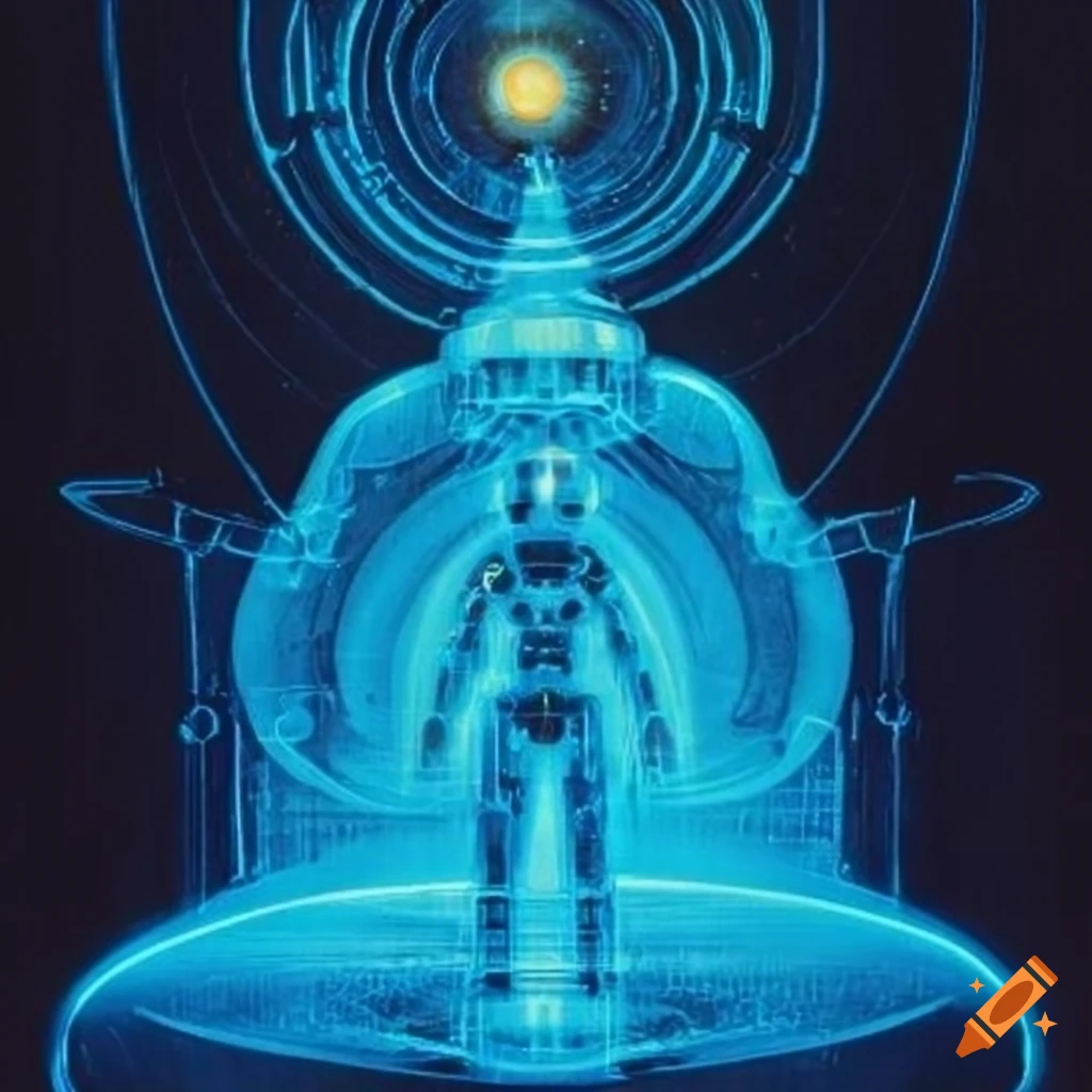 Golden 70s sci-fi machine x-ray with glowing blue elements