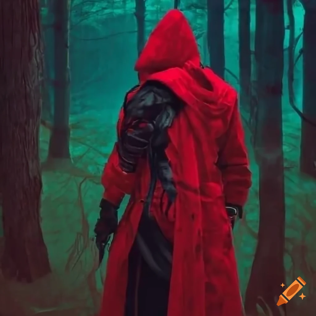 Cyberpunk ninja with high tech katana and revolver in a colorful forest setting