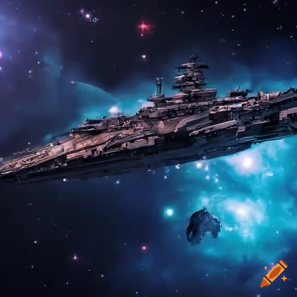 Intense space battle between massive battleships under a starry sky