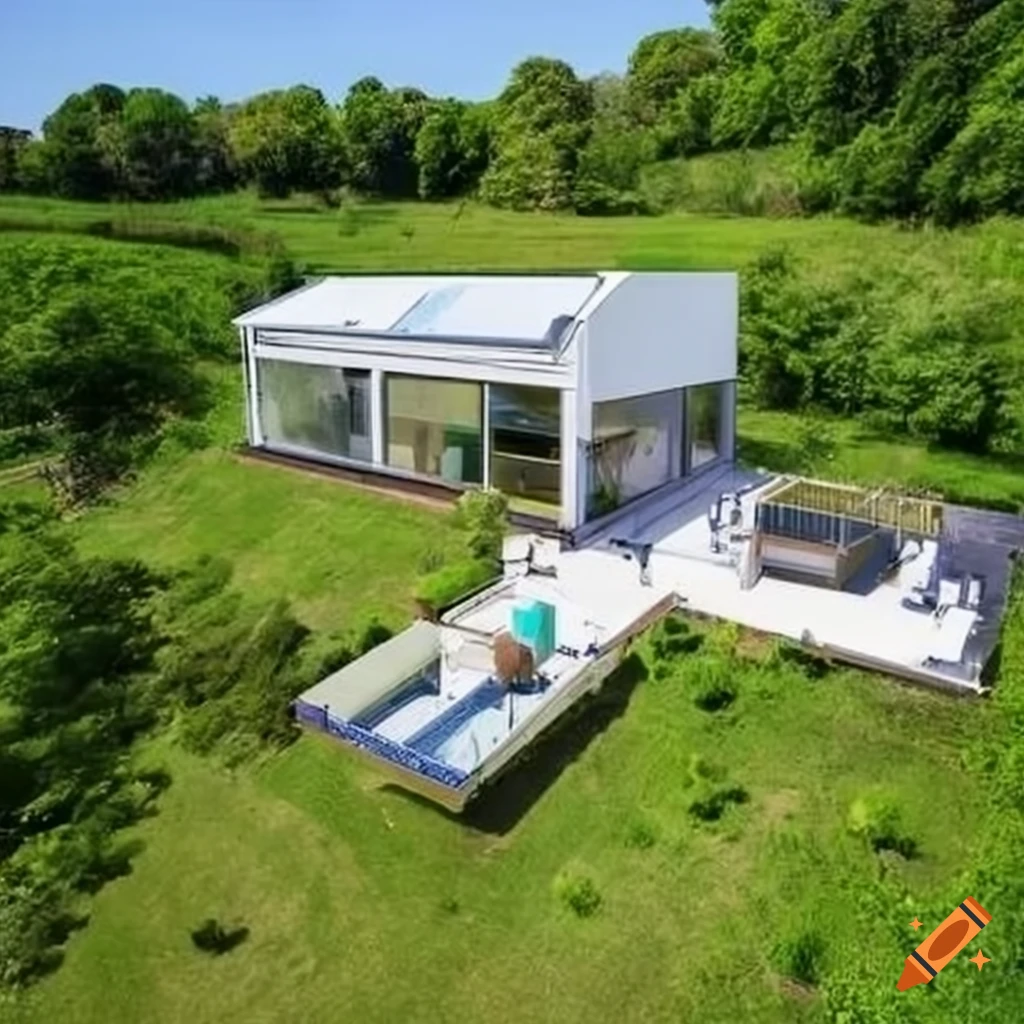Modern eco-friendly home with aquaponics, wastewater treatment, and solar panels on a 693 m² plot