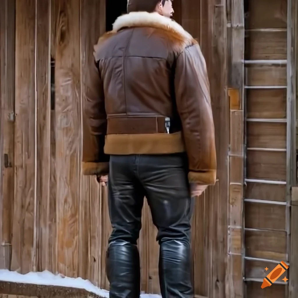 Young man in brown sheepskin jacket and black leather trousers standing in barn doorway