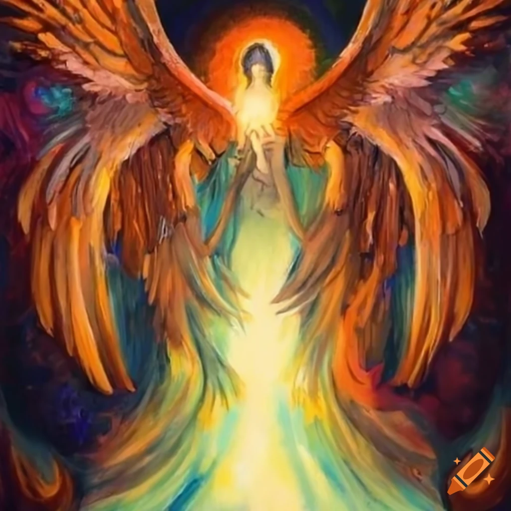 Magical winged spirit and wizard in a painting
