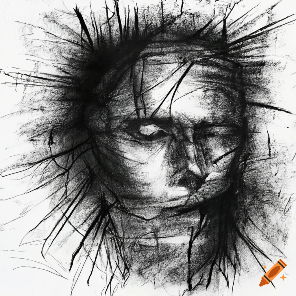 Charcoal drawing of a man in a brutalist and nightmarish landscape