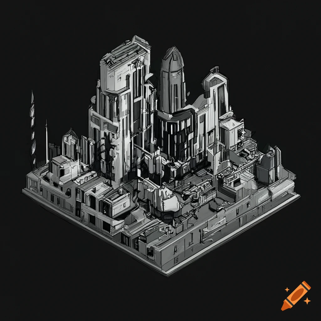 Isometric sci-fi city with vegetation in Studio Ghibli style