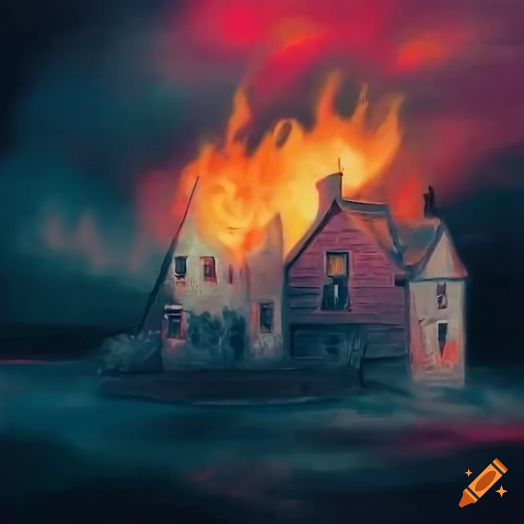 Surrealist painting of a burning house in stormy clouds with VHS filter