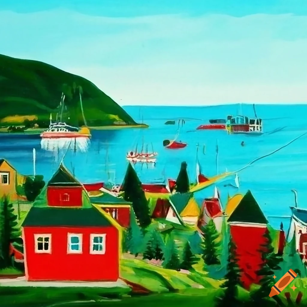 Nova Scotia fishing village in Maud Lewis folk art style