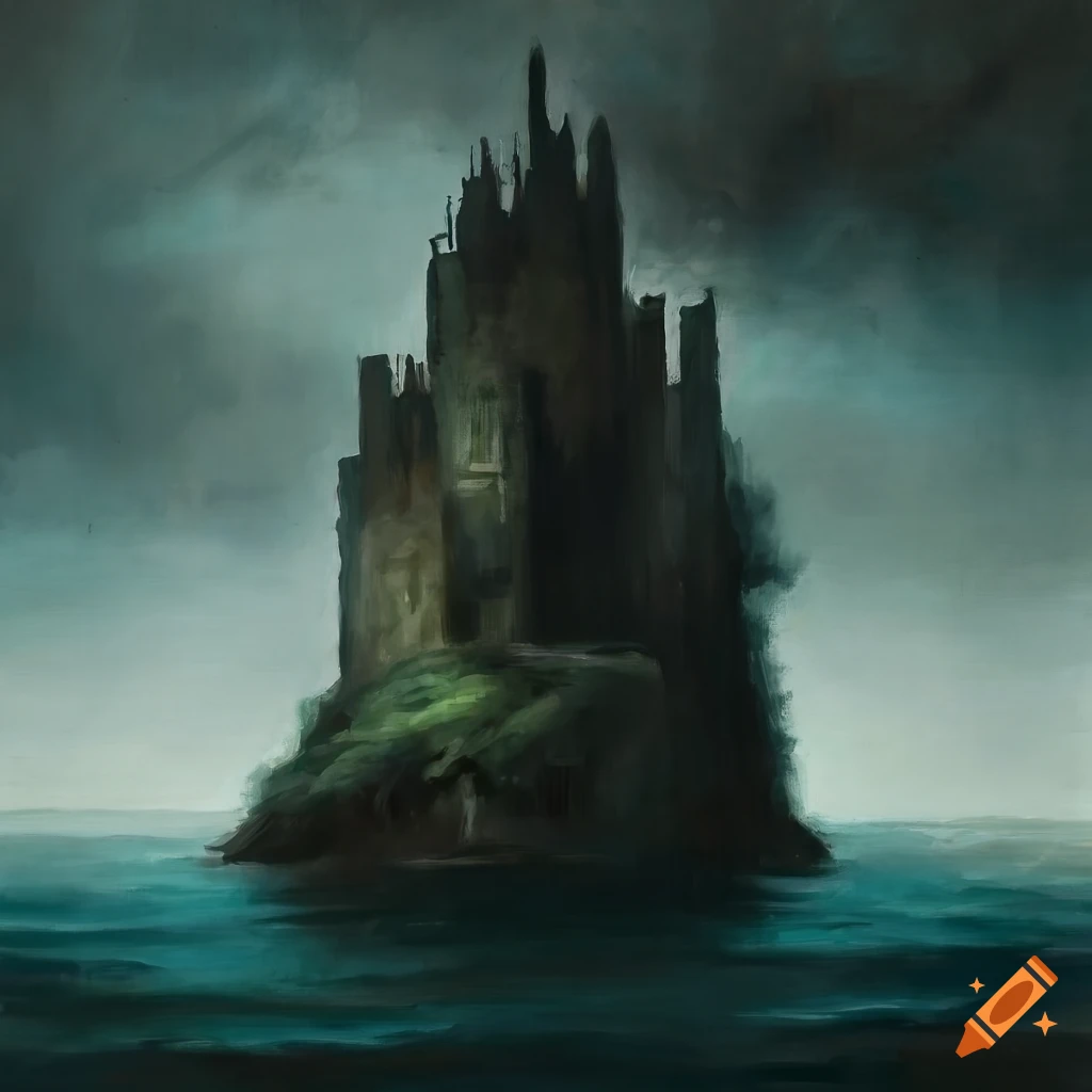 Dark painting of a large tower on a remote island in the sea