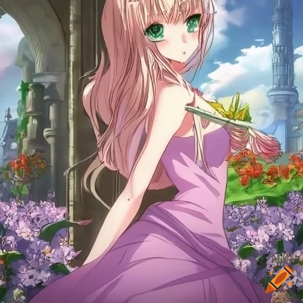 Elegant princess posing in a castle garden with blooming flowers