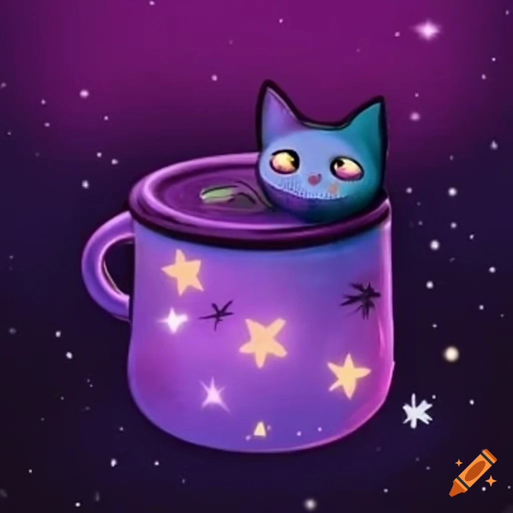 Black tea mug with purple liquid, ghost cat steam, and galaxy background in 90's anime style