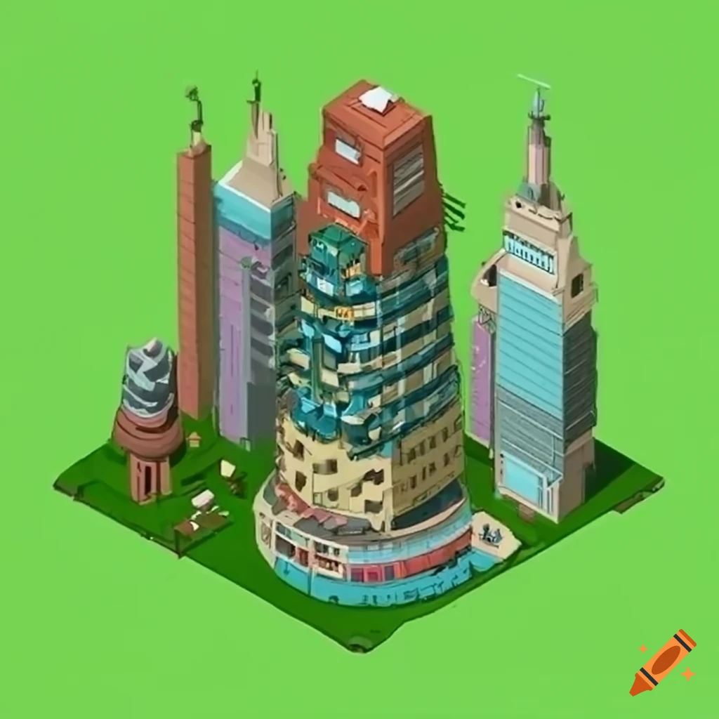 Isometric sci-fi skyscrapers with vegetation in Studio Ghibli style
