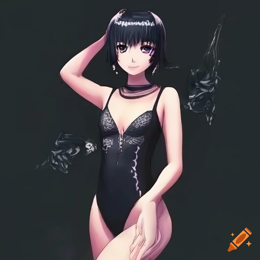 Japanese anime illustration of a woman in a swimsuit and thigh-high socks