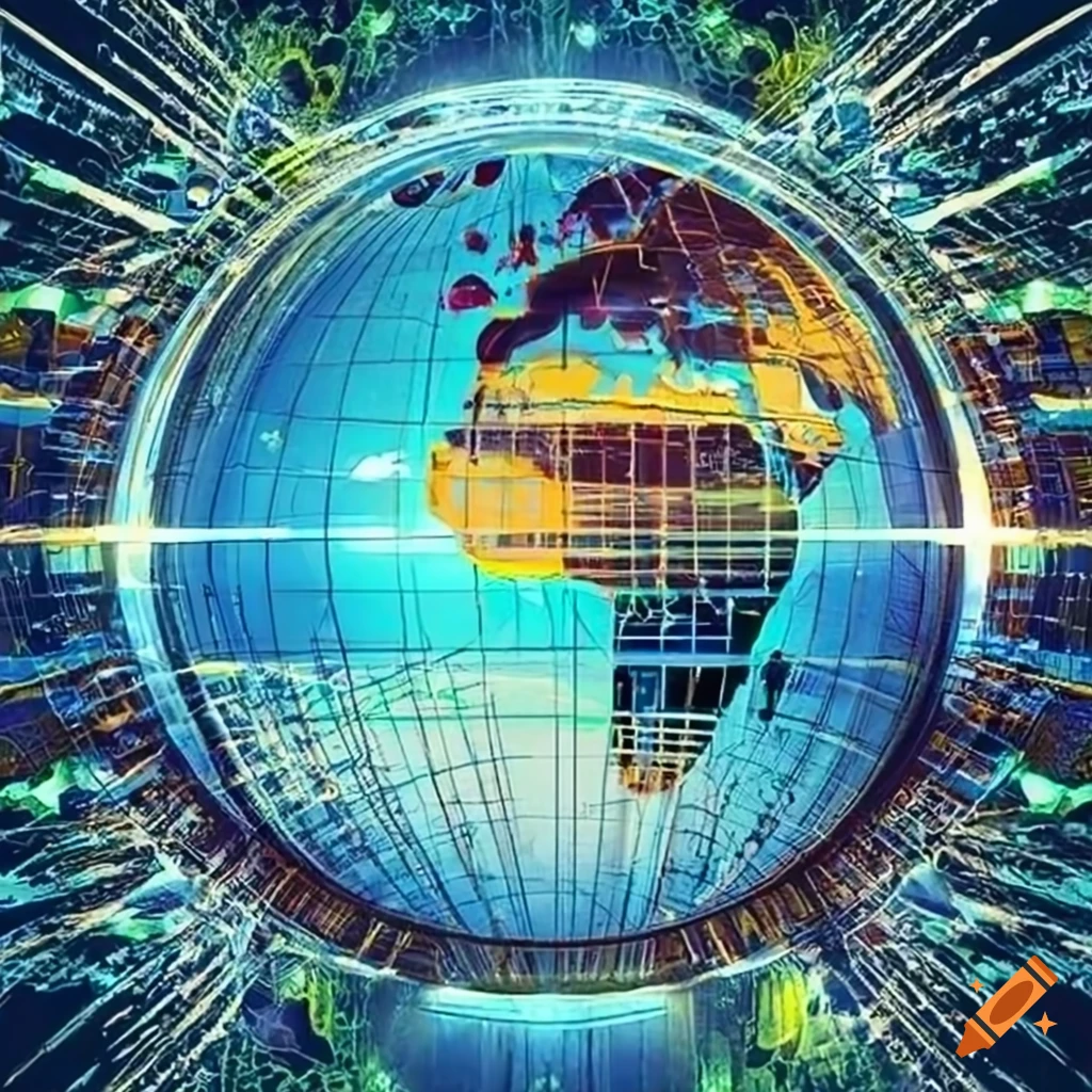 Poster showcasing globe surrounded by interconnected lines and diverse cultural icons