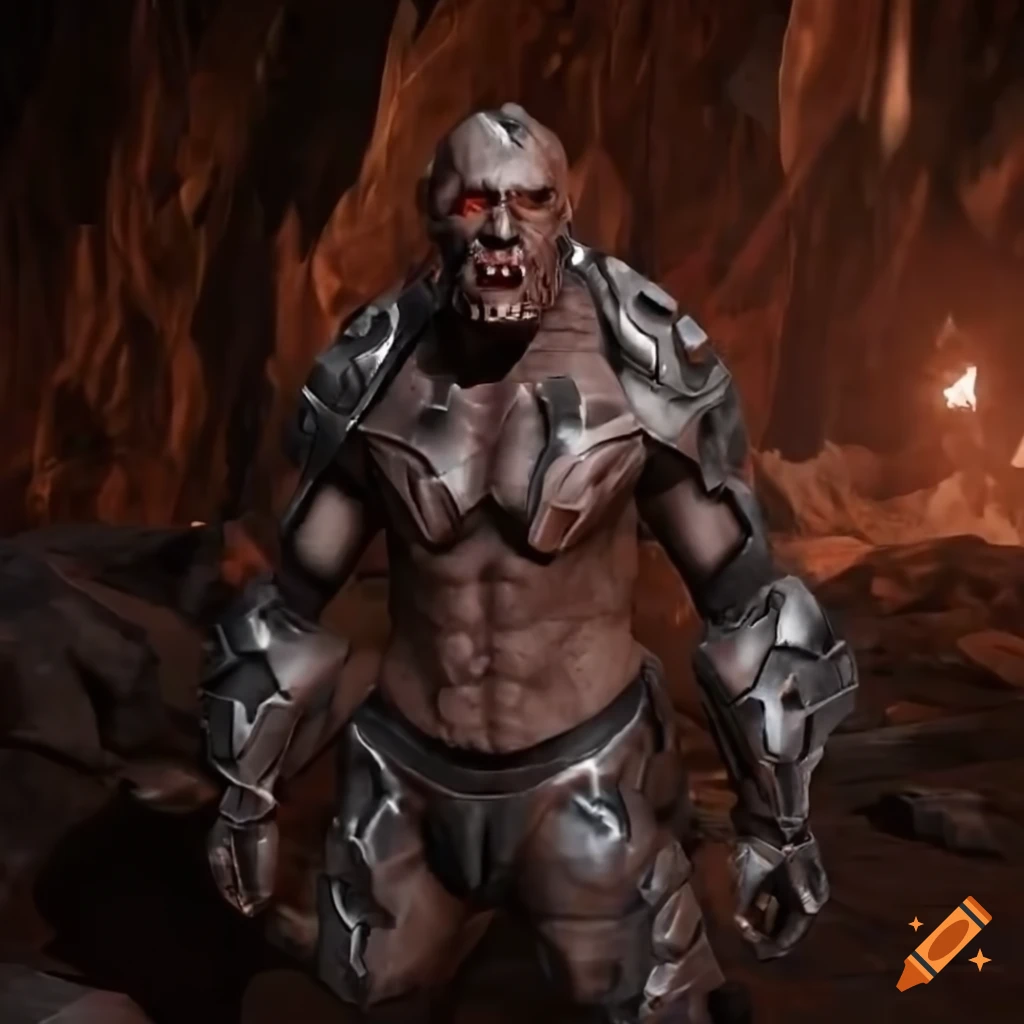 Sci-fi cybernetic muscle golem with red hair and armor in a cave setting