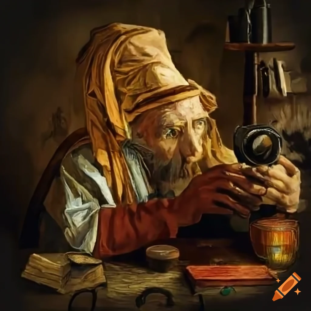 Alchemist experimenting with lenses and cameras in Van Gogh style painting