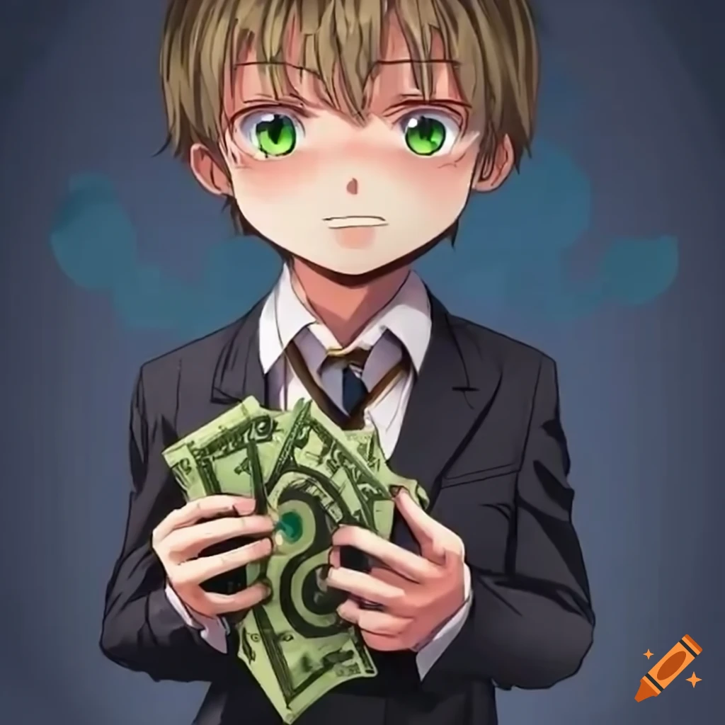 Small man in a suit holding money