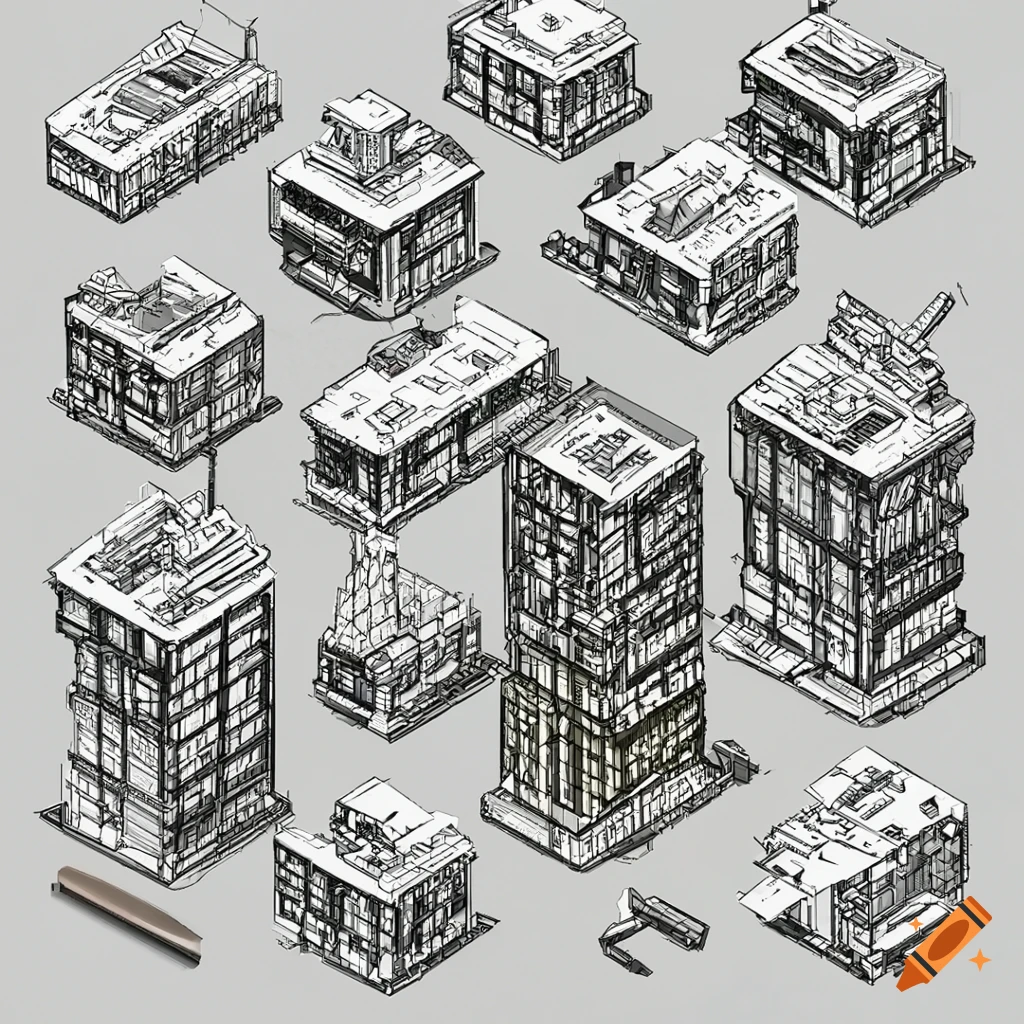 Isometric sci-fi skyscrapers with vegetation in Studio Ghibli style