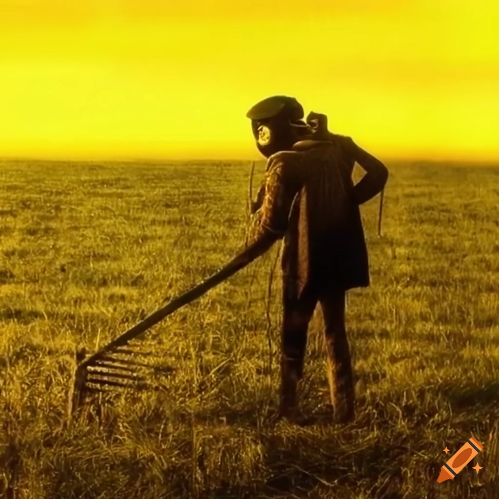 Farmer in field with gas mask raking grass clippings in a cartoon style