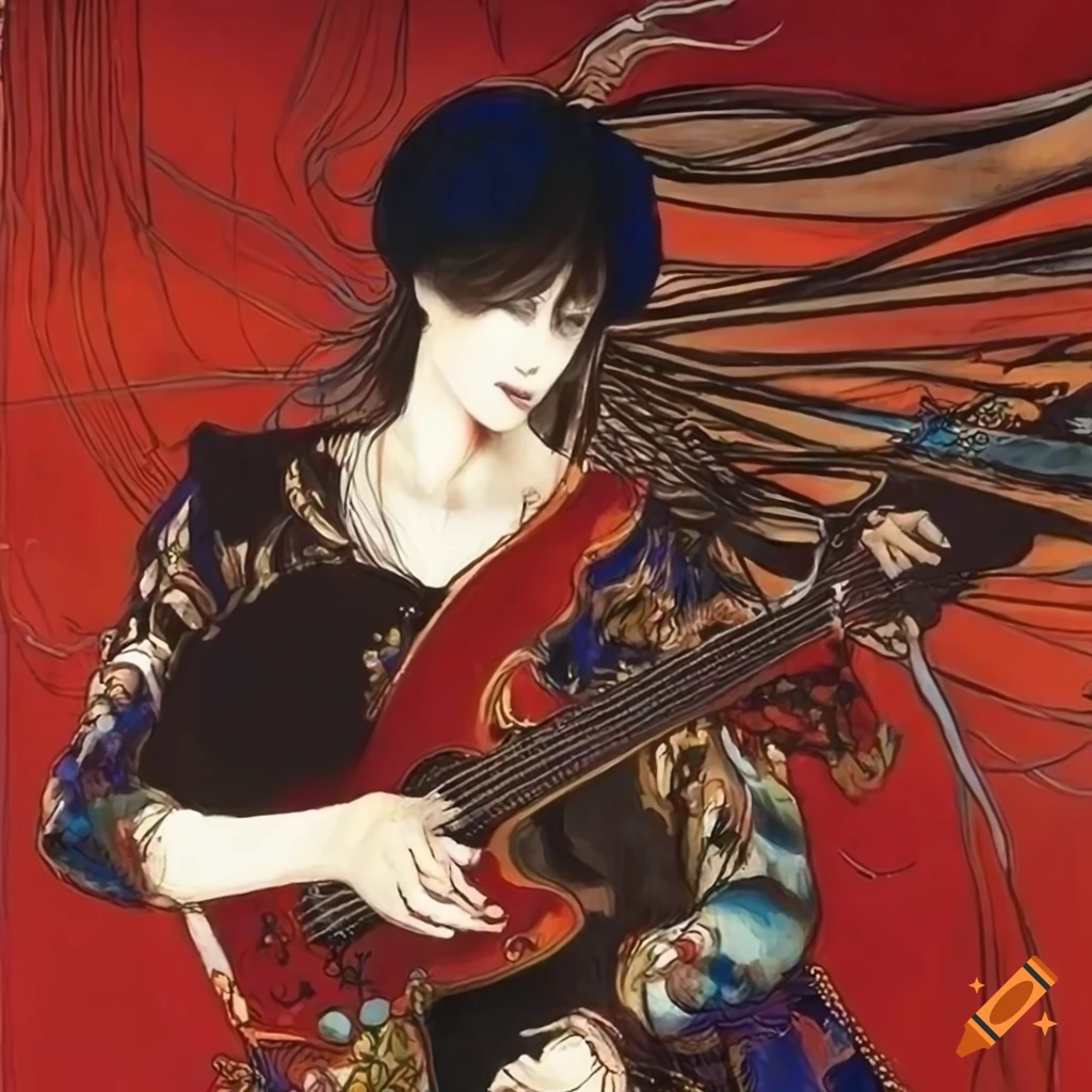 Guitarist in the style of yoshitaka amano's paintings on Craiyon