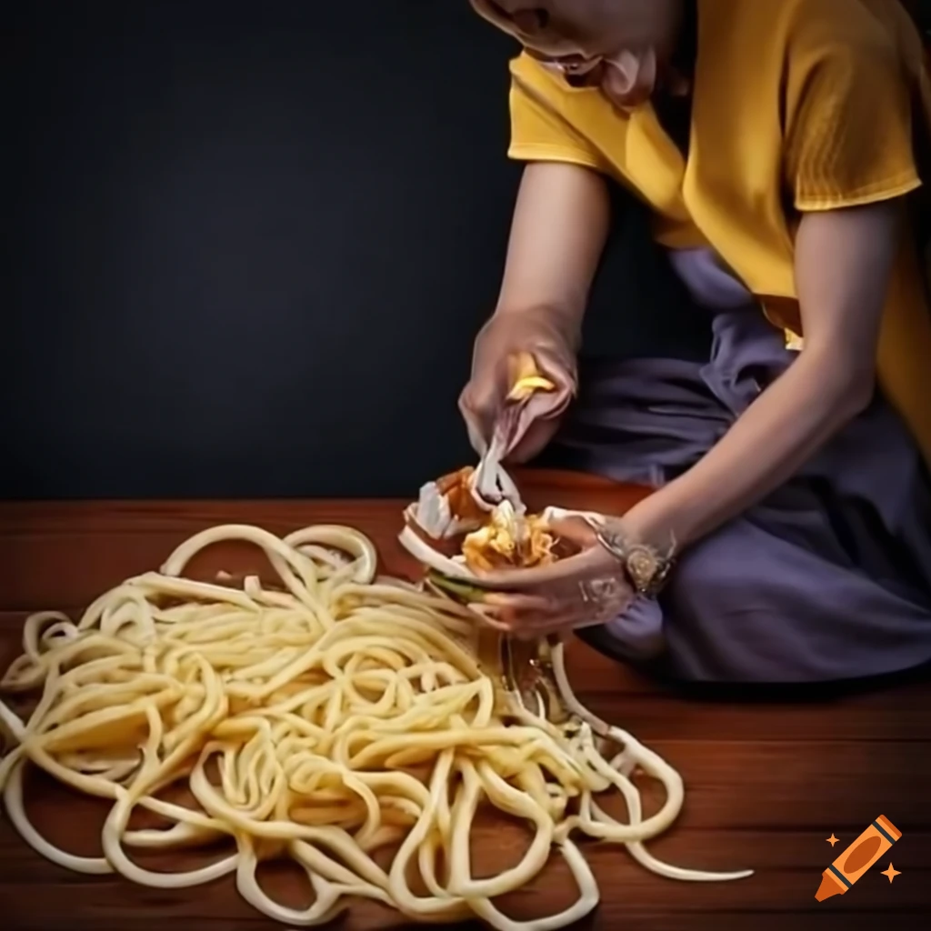 Person surrounded by many noodles