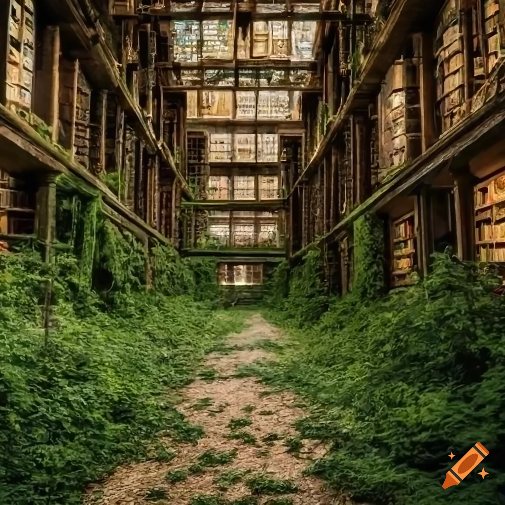 Overgrown library filled with plants and light at the end of the hall