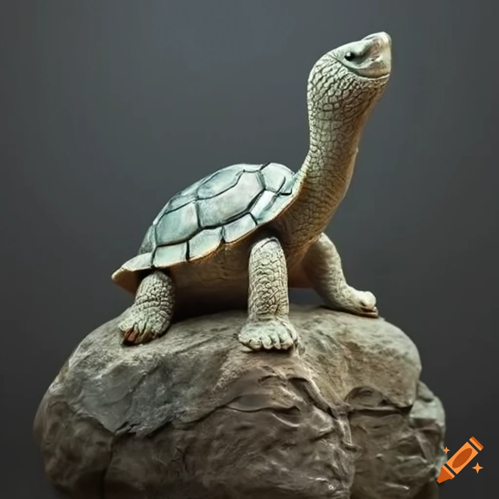 Plastic sculpture of lifelike turtle on a rock