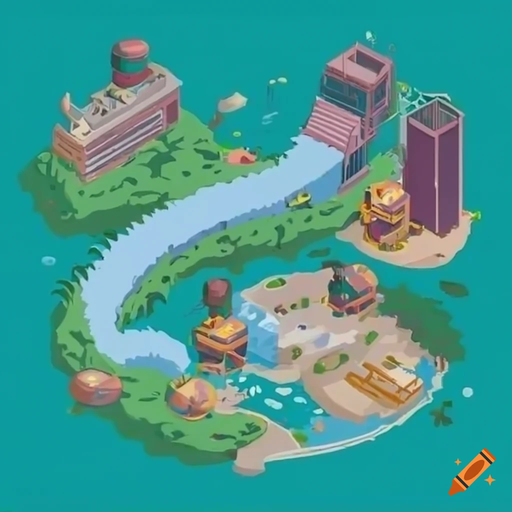 Isometric sci-fi skyscrapers with vegetation in Studio Ghibli style
