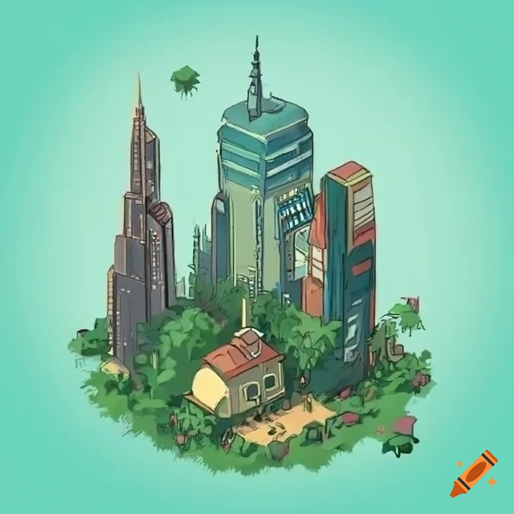 Isometric sci-fi skyscrapers with vegetation in Studio Ghibli style